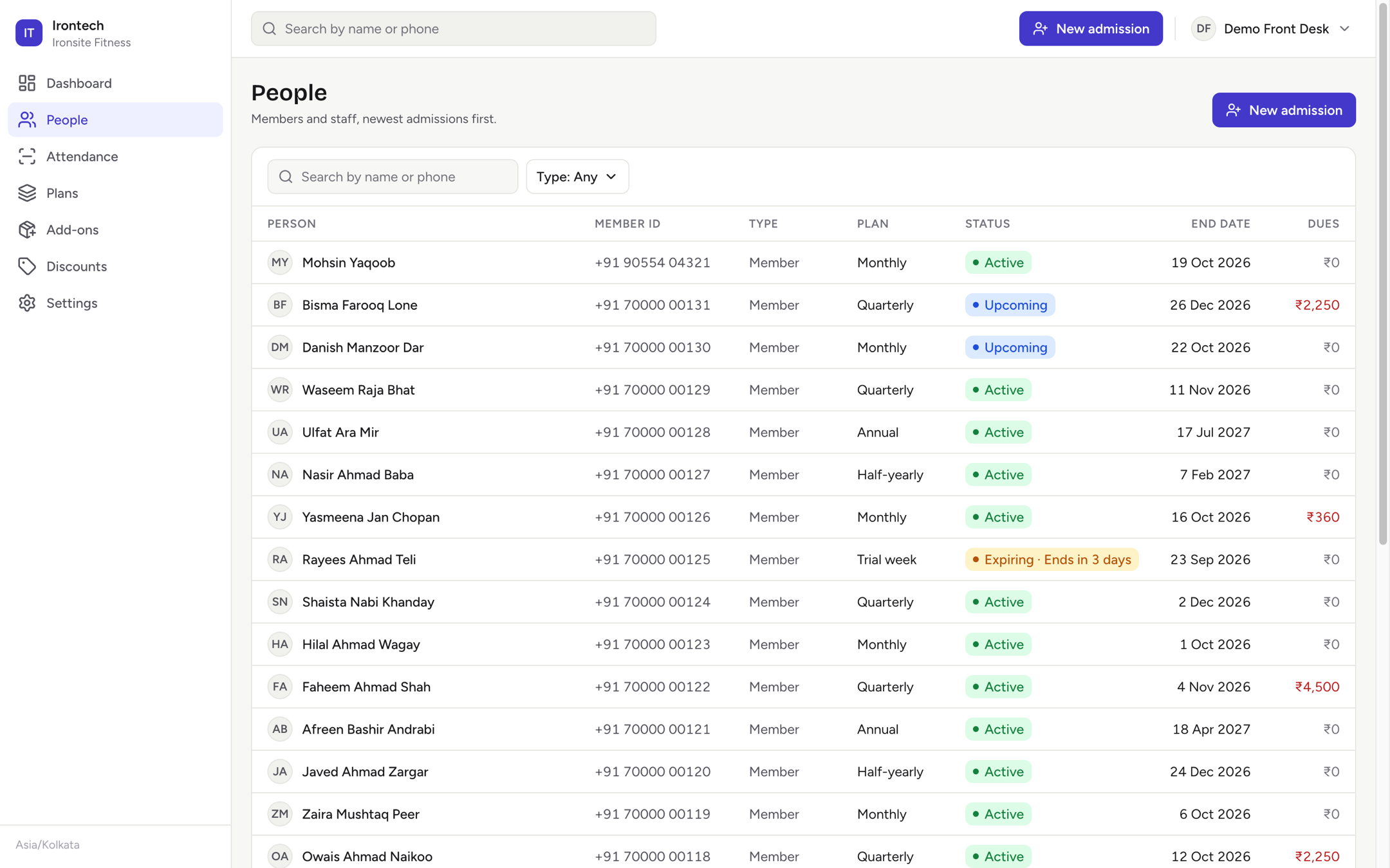 The People screen, listing members with their plan, status, end date and dues