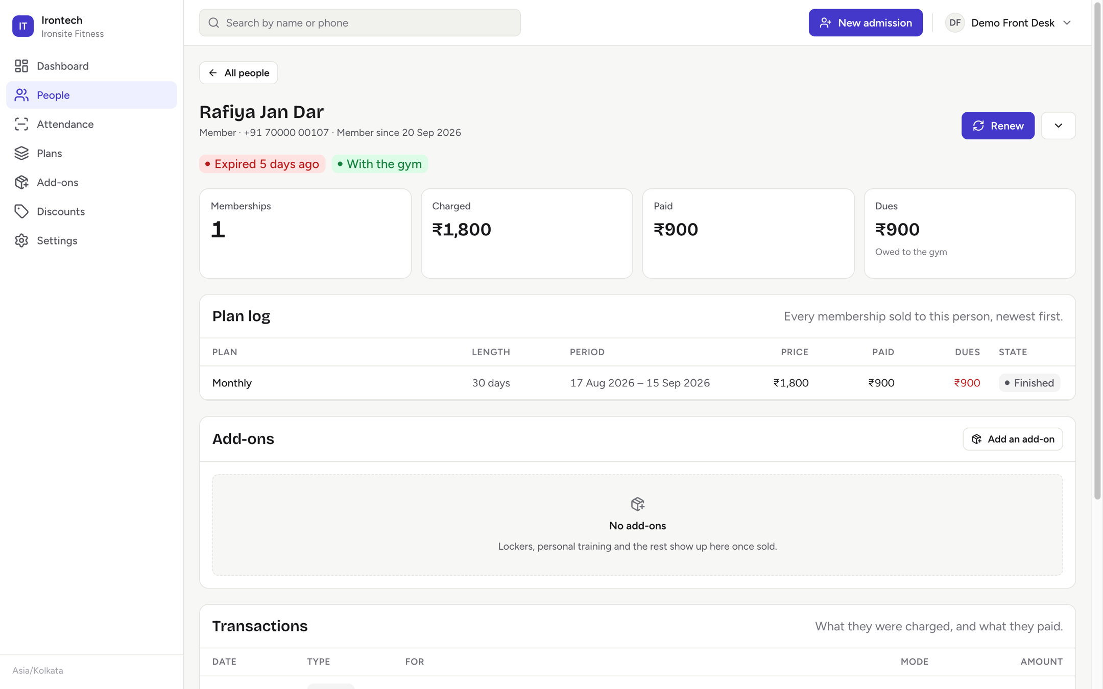 A member's page showing their plan log, add-ons, transactions and activity