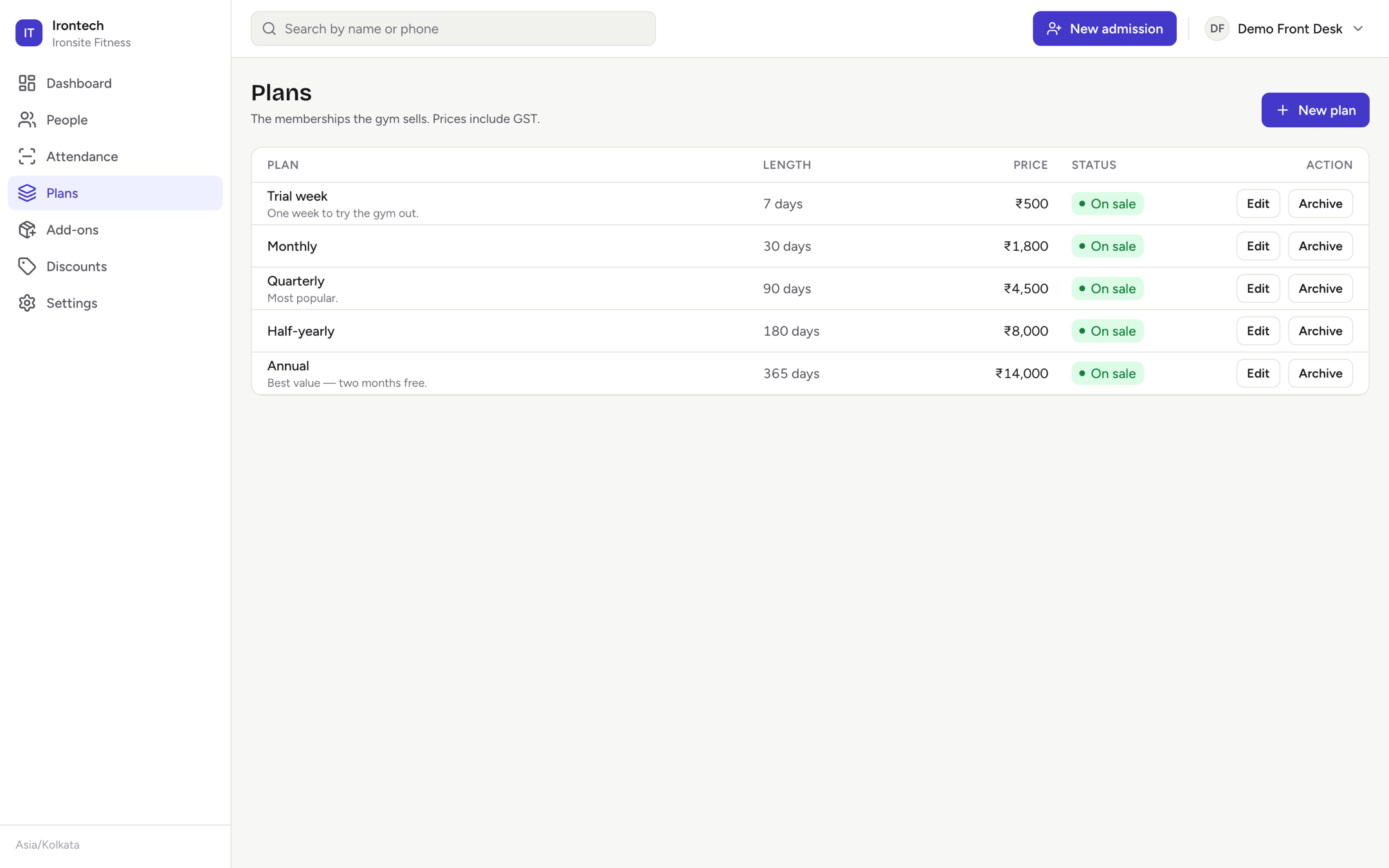 The Plans screen showing membership plans with length, price and status
